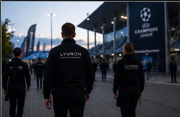 Lyvron Team vor einer UEFA-Champions-League-Location